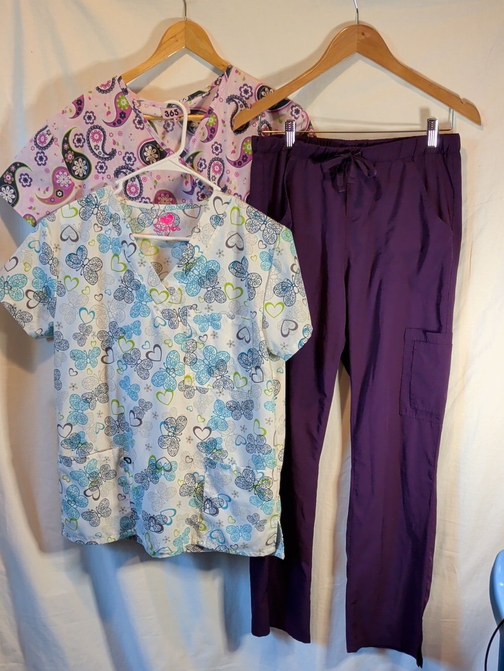 Women's Purple Cargo Scrub Pants & Printed Scrub Tops Set